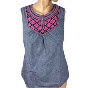 Vineyard Vines Top Embroidered Bib Split Neck Shirt Blouse Sleeveless Size S